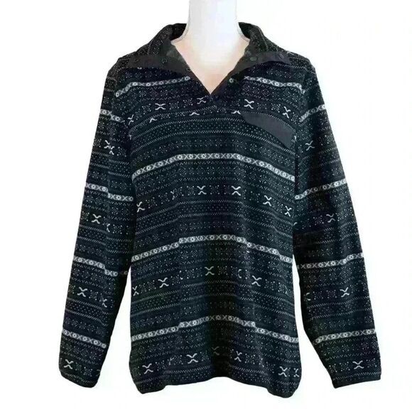 Jachs Cabin New York Fair Isle Black Fleece Pullover Size Medium - Picture 1 of 9